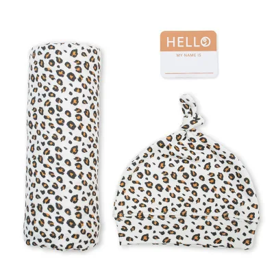 Σετ δώρου μουσελίνα και σκουφάκι Hello World - Leopard