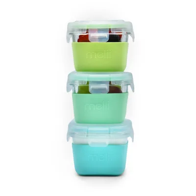 Melii – Glass Containers σε θήκες σιλικόνης (160ml set of 3) – mint,blue,lime
