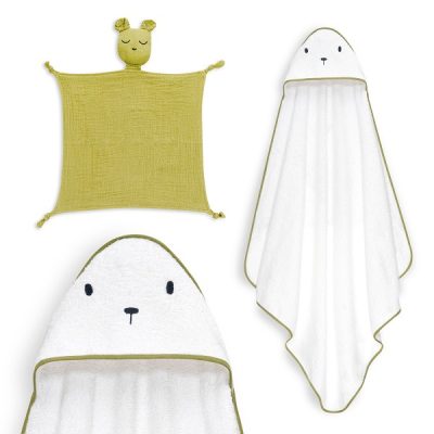 Interbaby Bear Σετ Μπουρνούζι & Πανάκι Παρηγοριάς Μουσελίνας White-Green