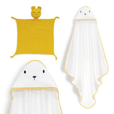 Interbaby Bear Σετ Μπουρνούζι & Πανάκι Παρηγοριάς Μουσελίνας White-Yellow